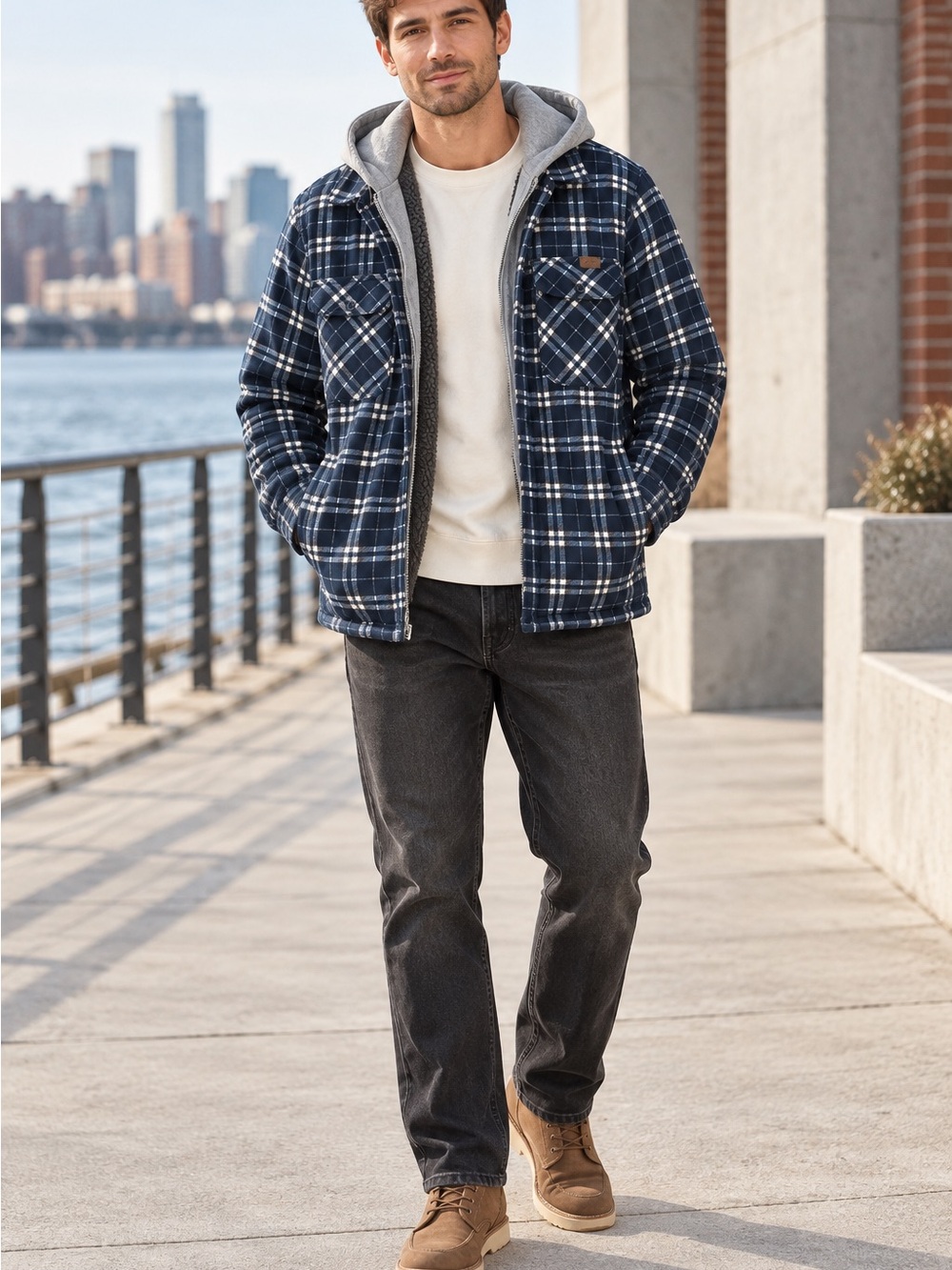 Men's Navy Plaid Sherpa-Lined Shirt Jacket with Hood